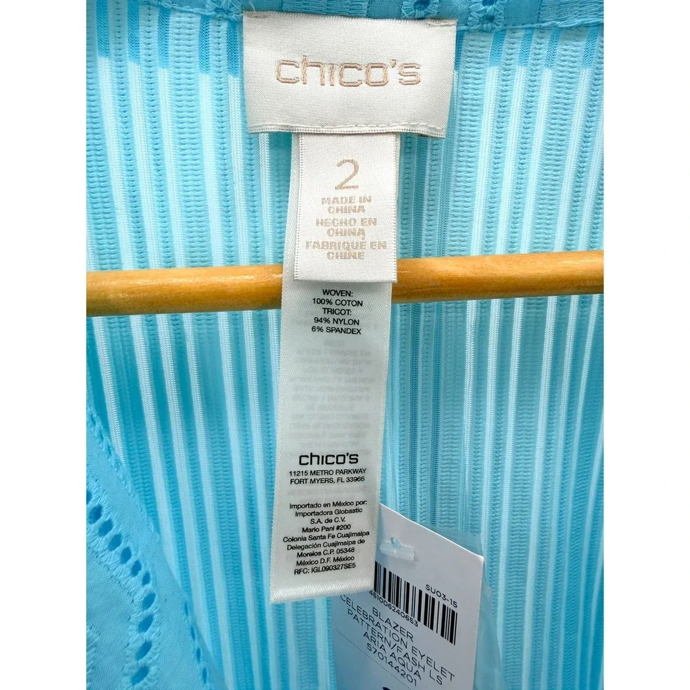 Chico's Celebration Eyelet Blazer Aria Aqua Blue Geometric Knit Jacket 2 L New